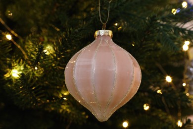 Beautiful Christmas bauble hanging on fir tree branch, closeup