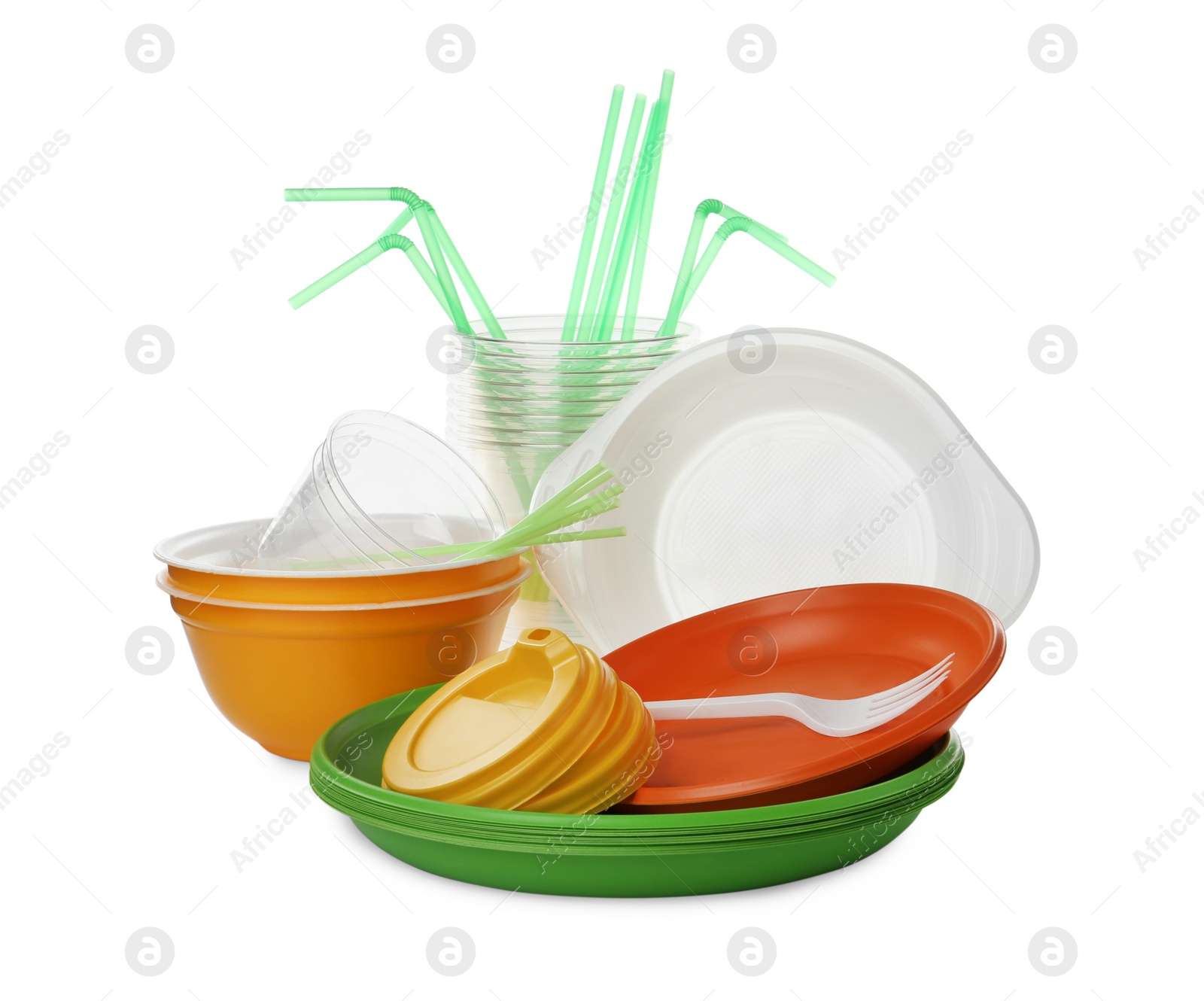 Photo of Pile of different plastic items on white background