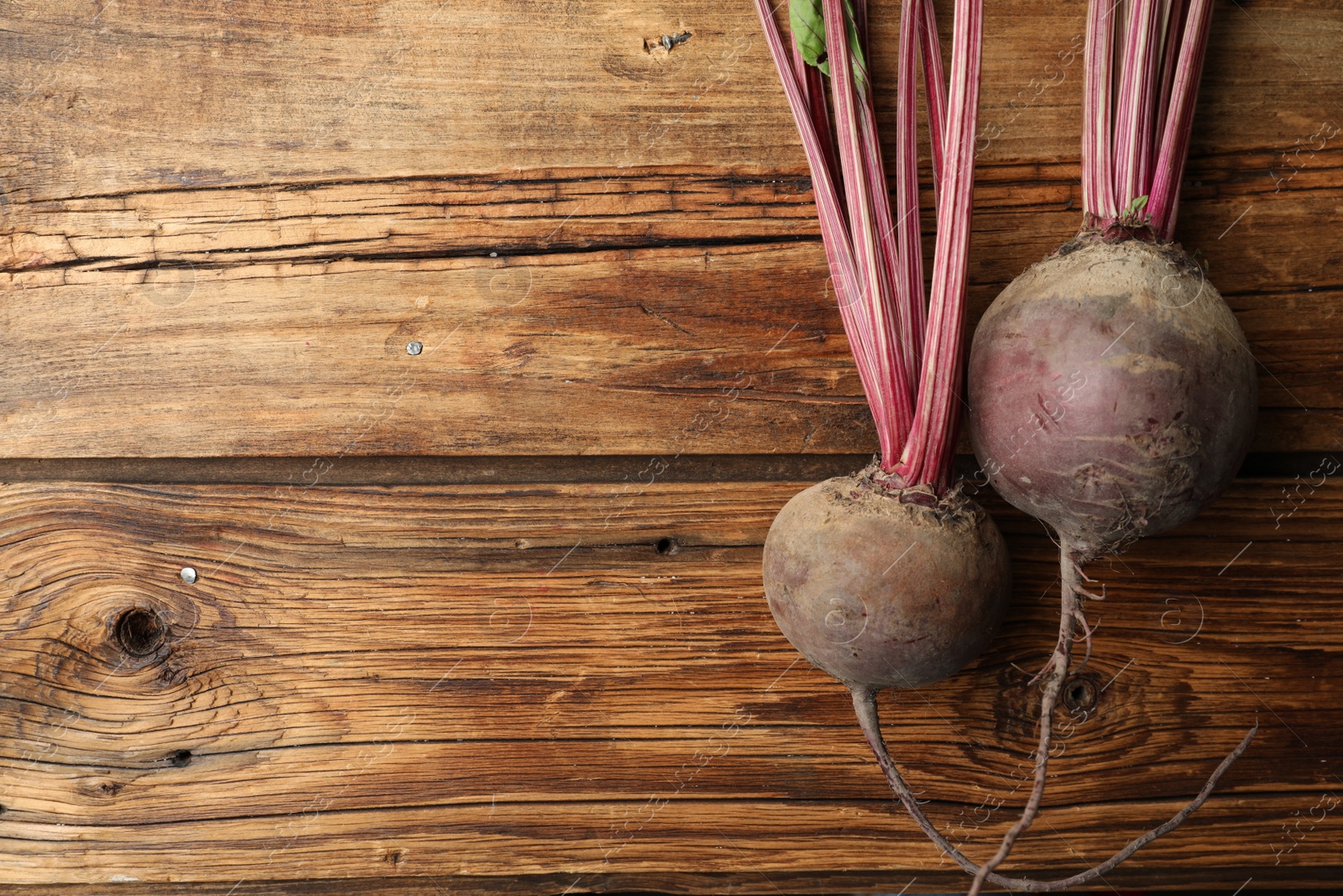 Photo of Raw ripe beets on wooden table, flat lay. Space for text