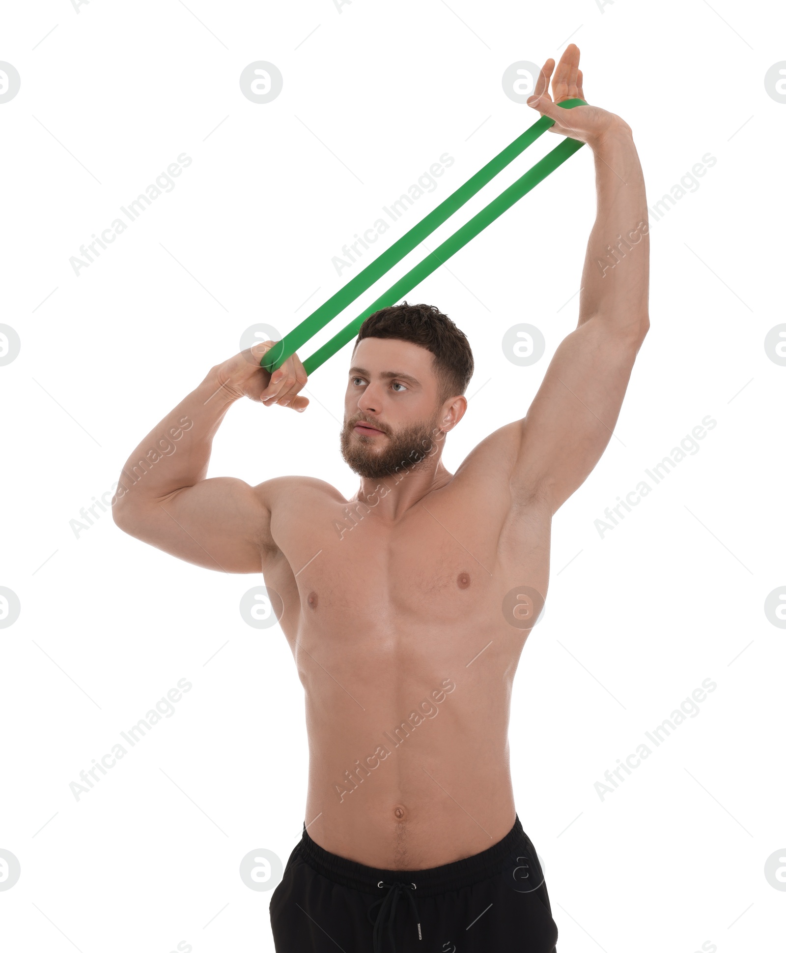 Photo of Young man exercising with elastic resistance band on white background