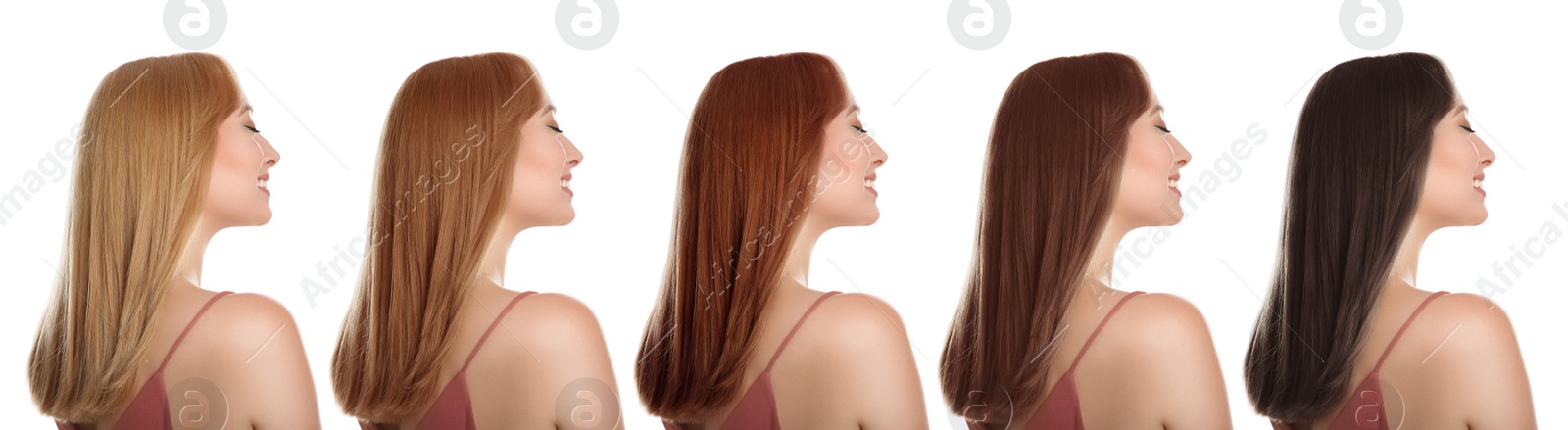 Image of Collage with photos of beautiful young woman with different hair colors on white background. Banner design