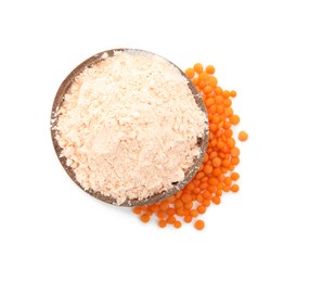 Lentil flour in wooden bowl and seeds isolated on white, top view