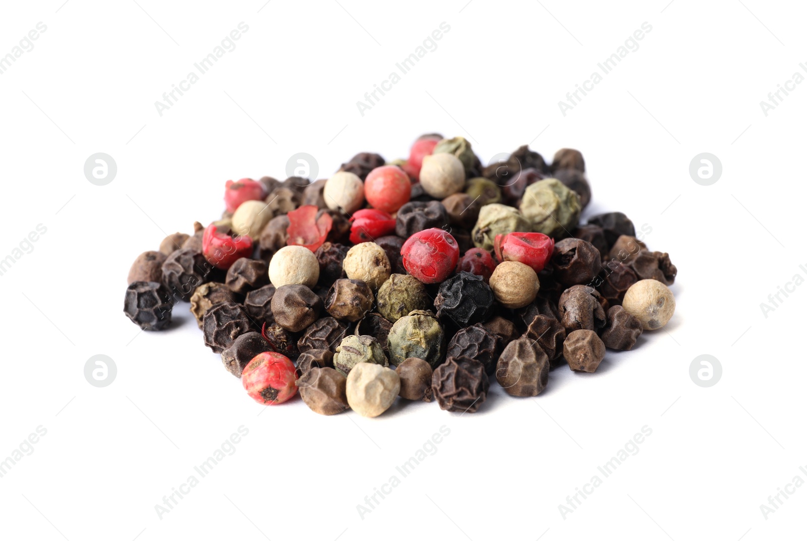 Photo of Mix of different pepper grains isolated on white