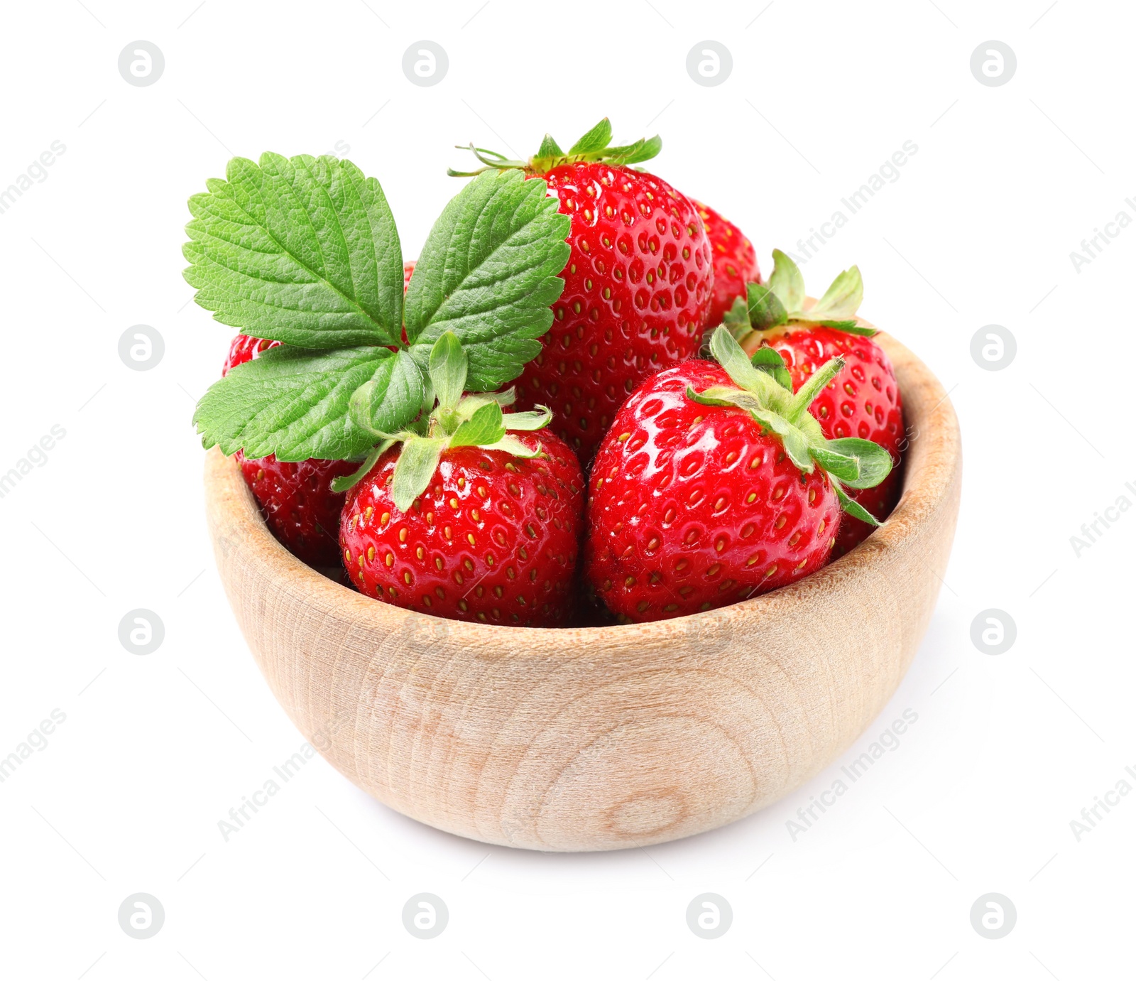 Photo of Fresh red strawberries in wooden bowl isolated on white