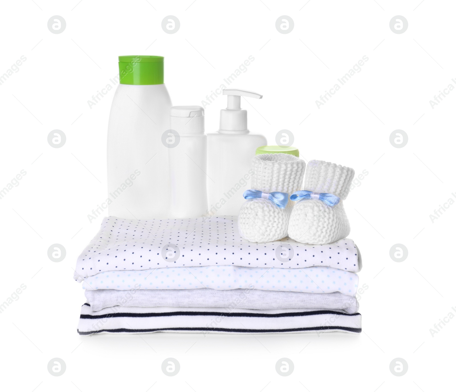 Photo of Set of baby accessories on white background