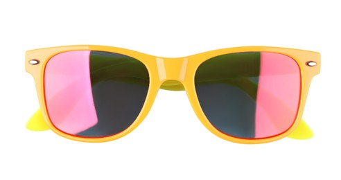 Photo of New stylish sunglasses with yellow frame isolated on white, top view