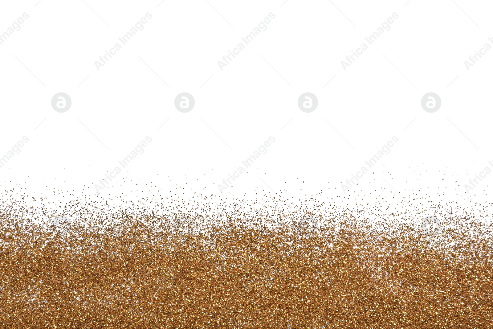 Photo of Shiny golden glitter on white background, top view