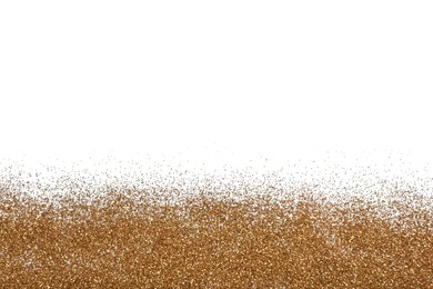 Photo of Shiny golden glitter on white background, top view