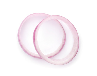 Photo of Raw red onion rings isolated on white, top view