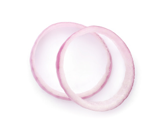 Raw red onion rings isolated on white, top view