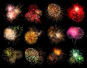 Beautiful bright fireworks on black background, collage 