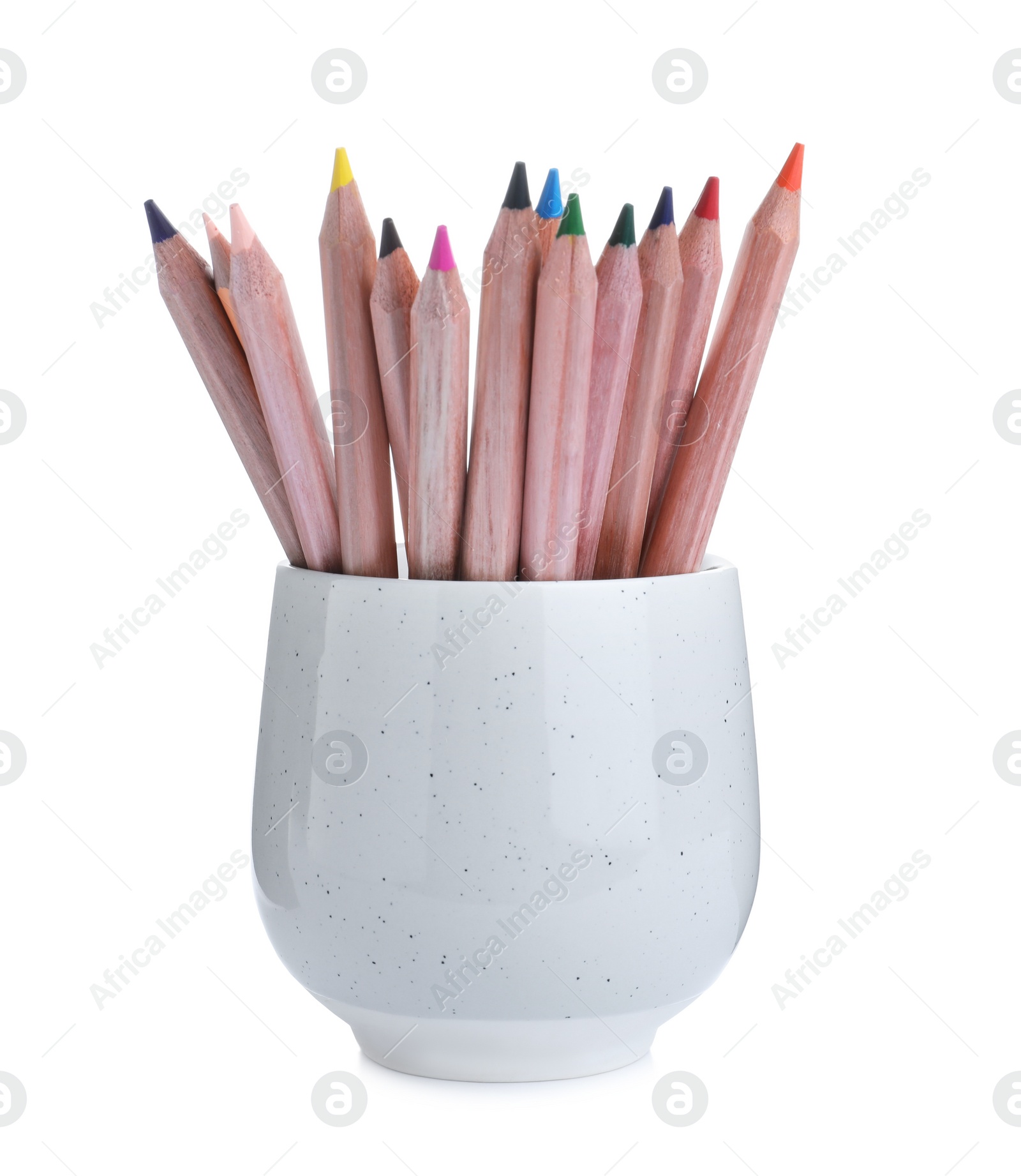 Photo of Colorful pencils in cup on white background