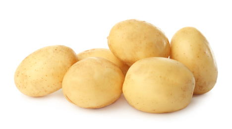 Photo of Fresh raw organic potatoes on white background