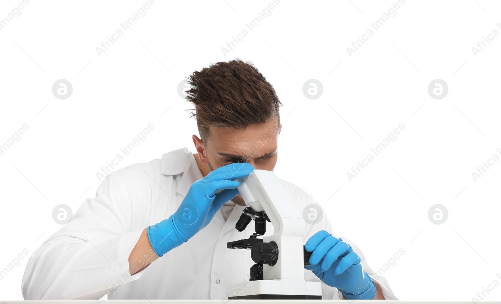 Photo of Scientist using modern microscope at table isolated on white. Medical research