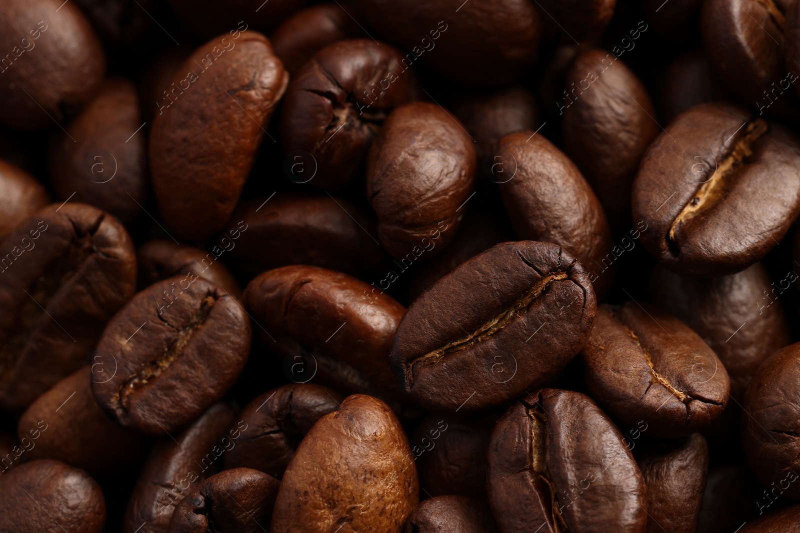 Photo of Aromatic roasted coffee beans as background, closeup