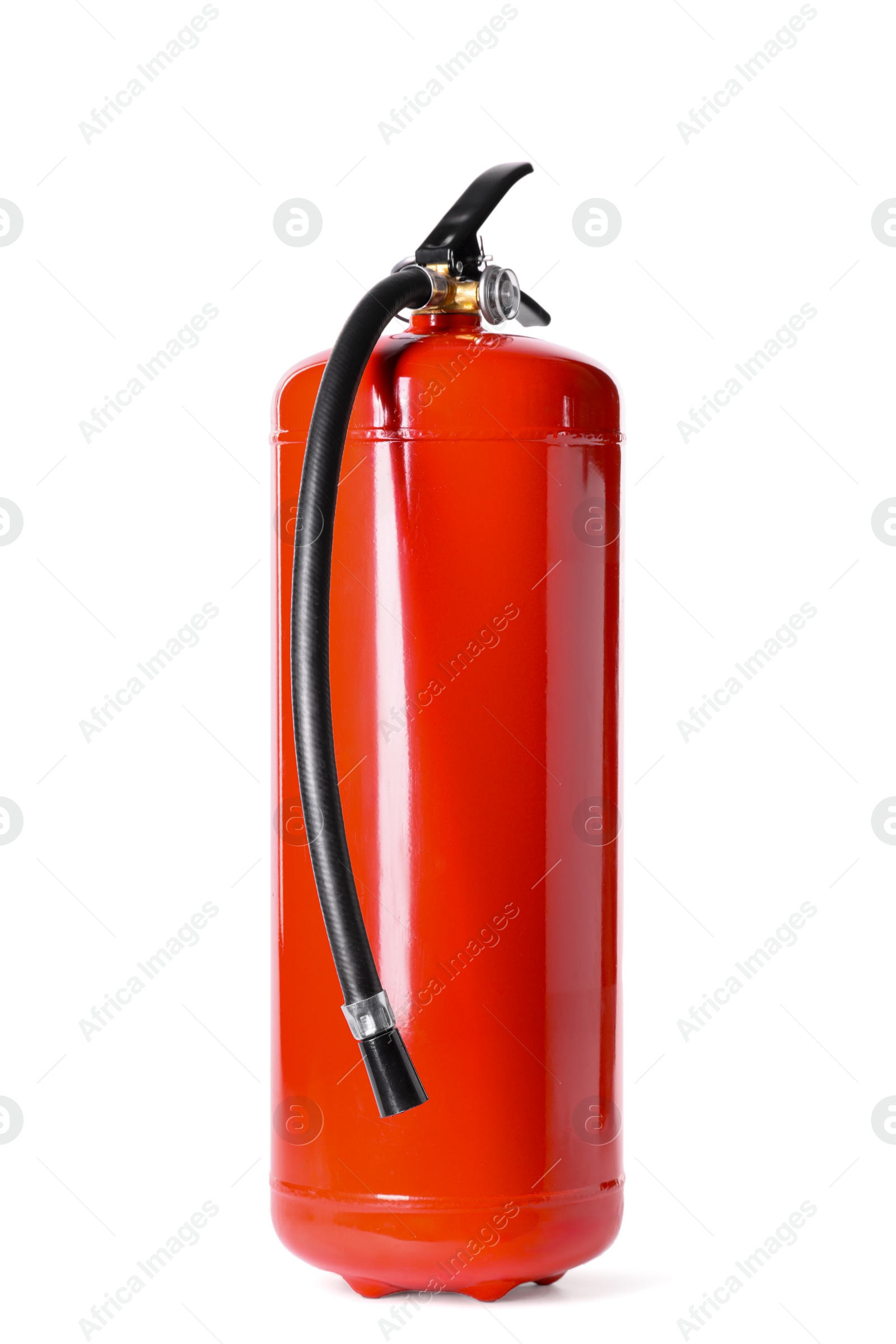 Photo of One red fire extinguisher on white background