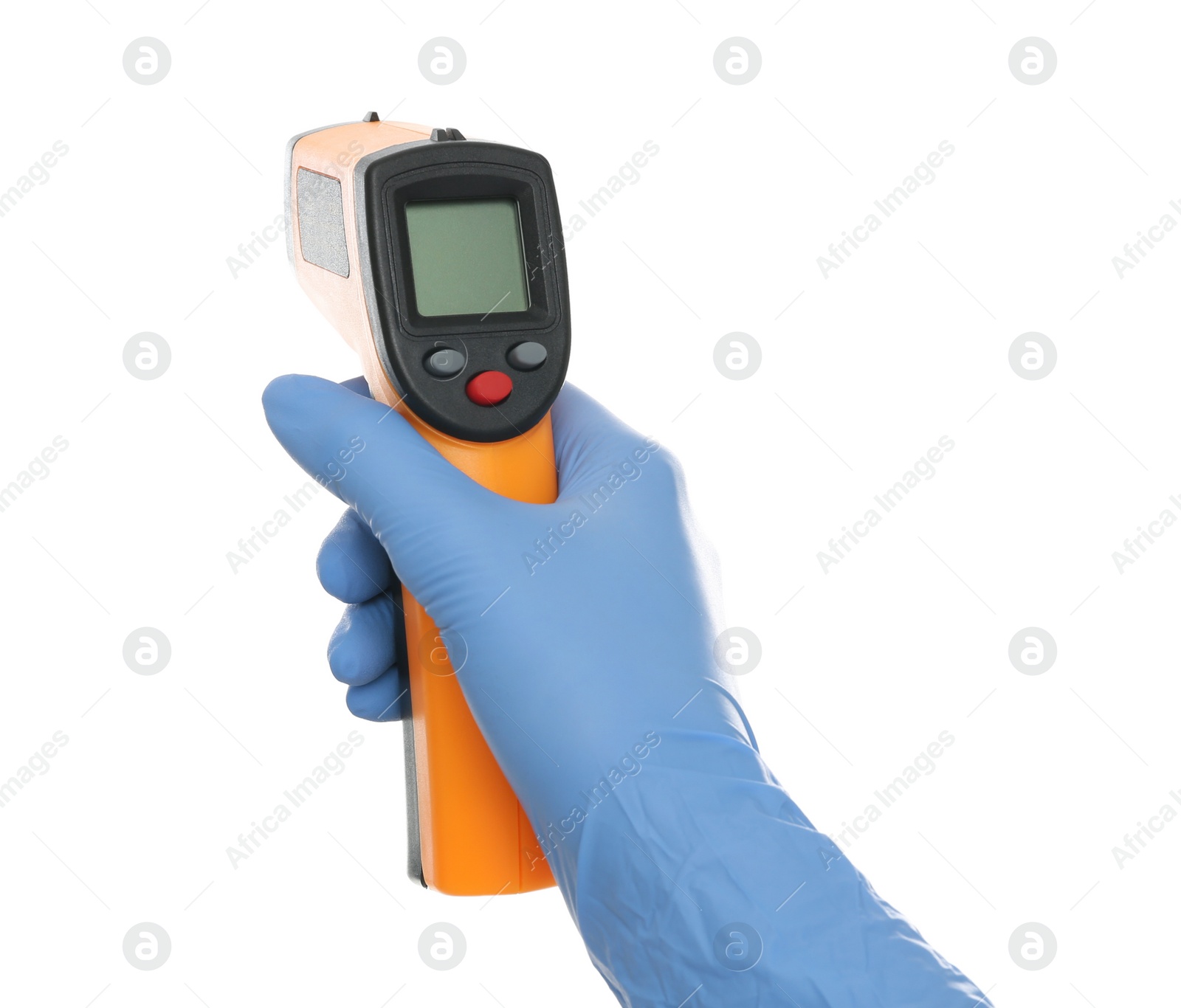 Photo of Doctor in latex gloves holding non contact infrared thermometer on white background, closeup. Measuring temperature