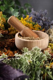 Mortar with pestle and many different herbs on table