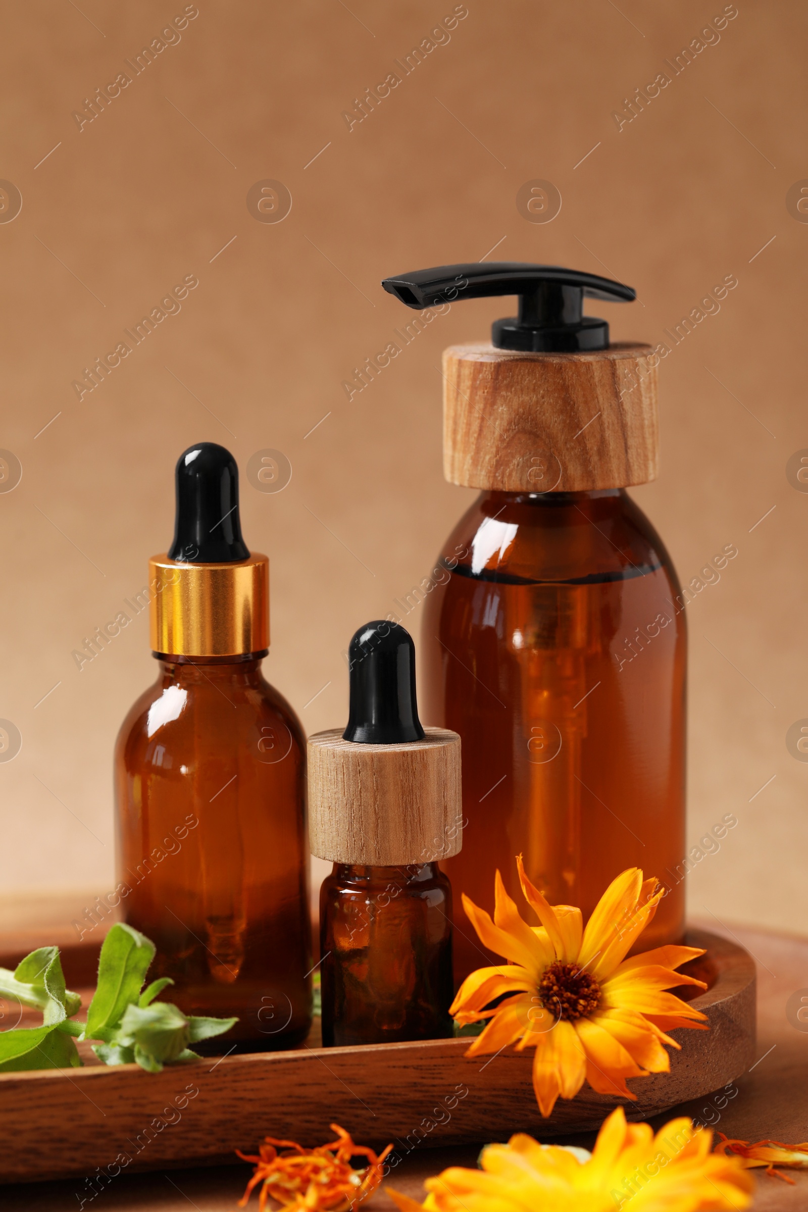 Photo of Bottles of essential oils and beautiful calendula flowers on wooden table