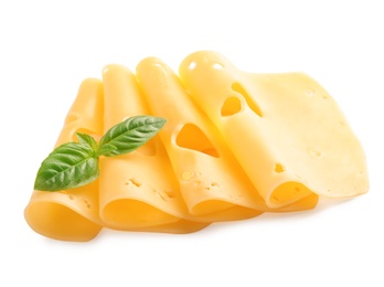 Slices of tasty maasdam cheese with basil on white background