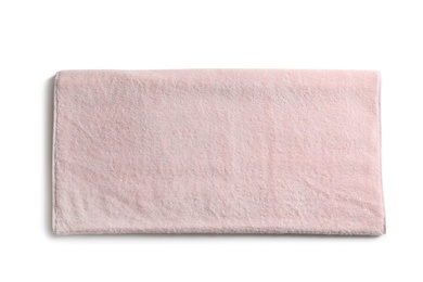 Photo of Folded soft terry towel on white background, top view