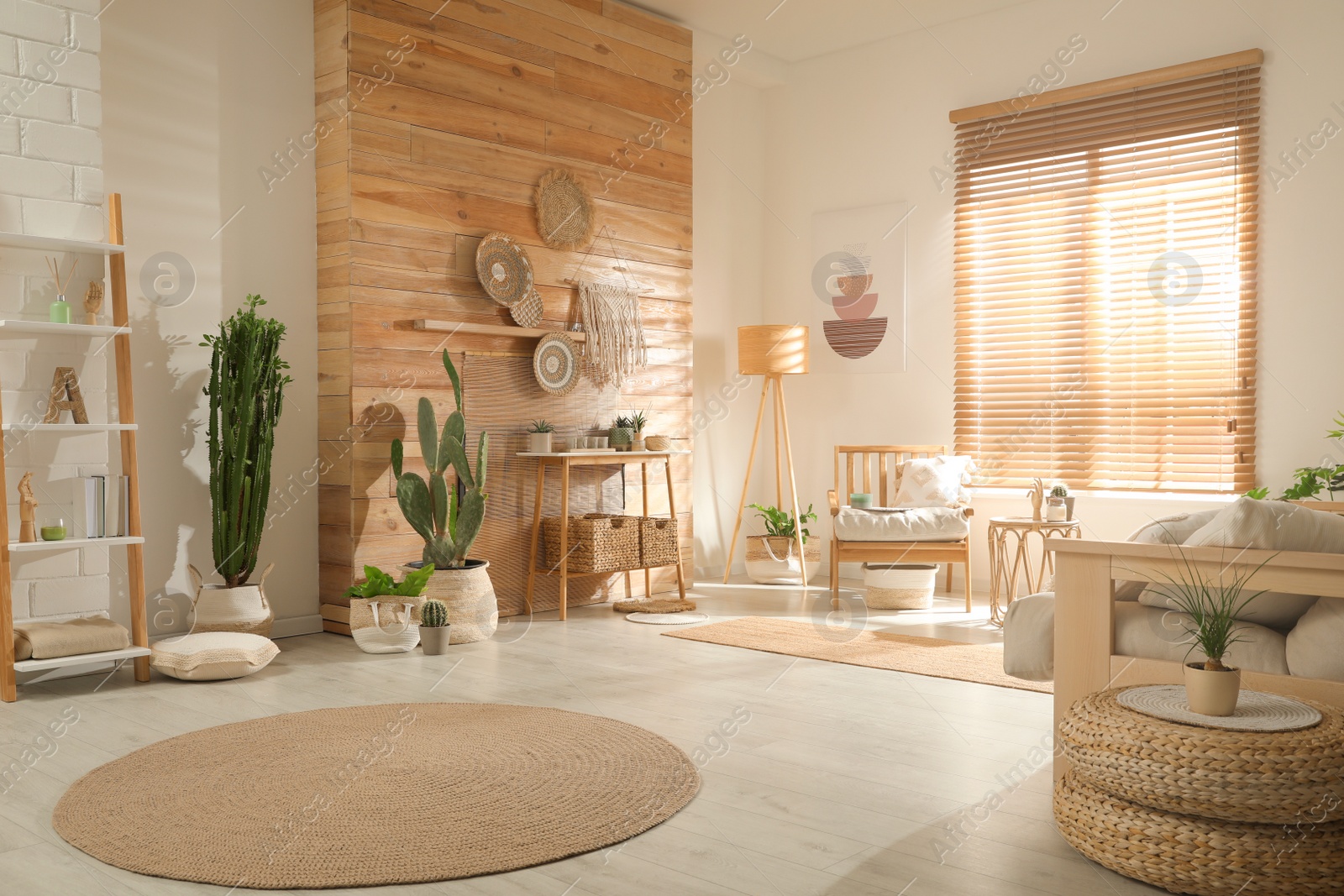 Photo of Stylish living room interior with wooden furniture and beautiful houseplants