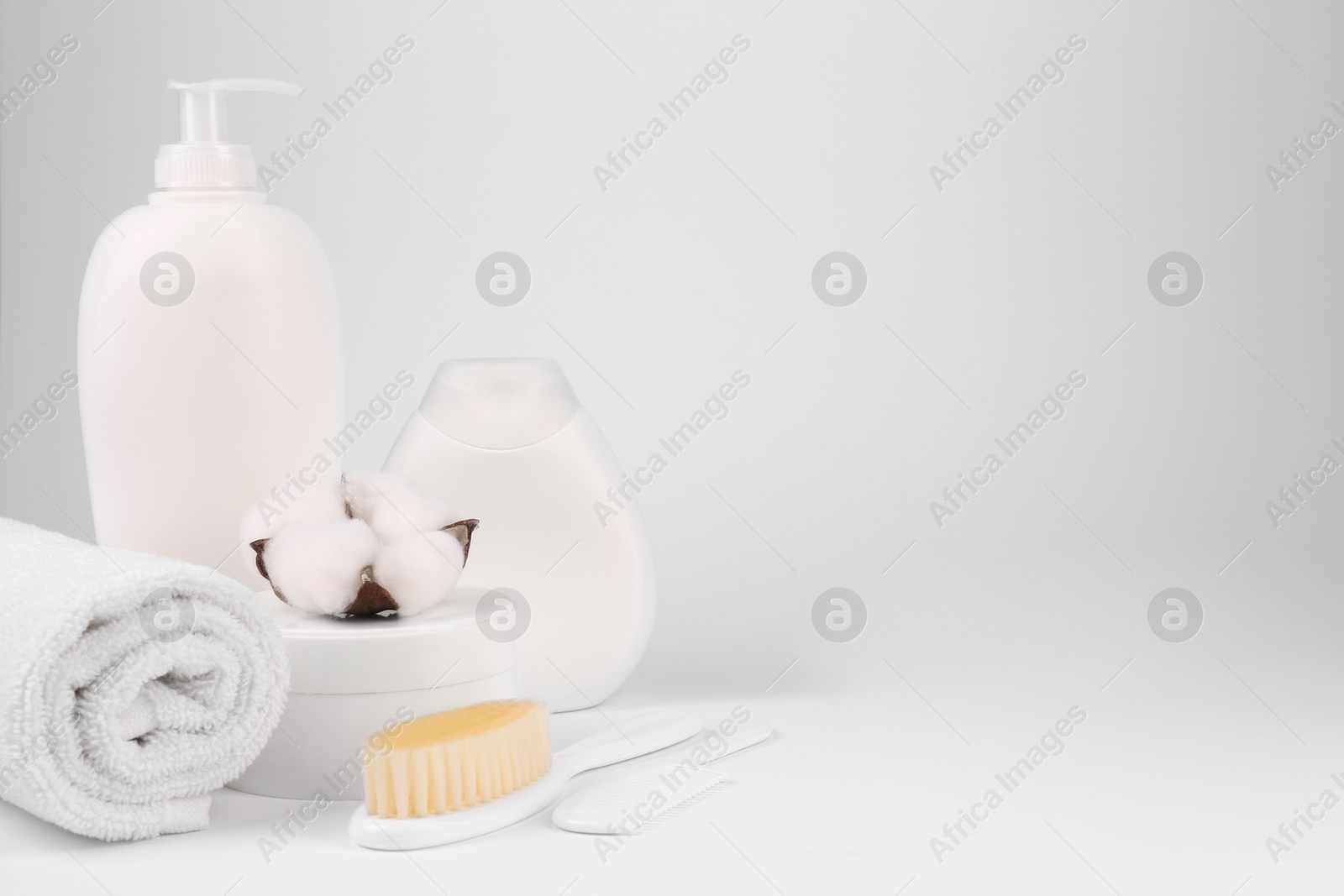 Photo of Different skin care products for baby and accessories on white background. Space for text