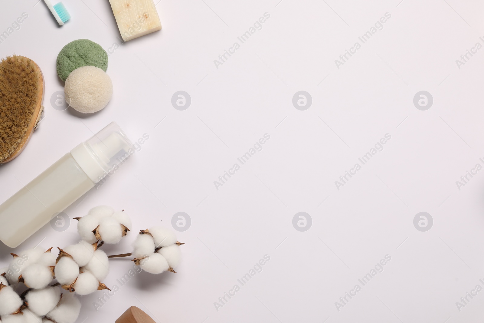 Photo of Bath accessories. Flat lay composition with personal care products on white background, space for text