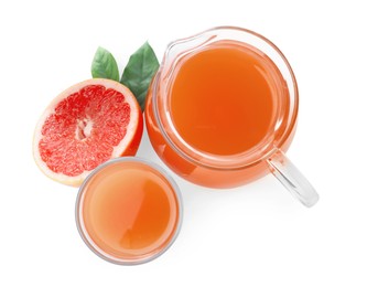 Photo of Tasty freshly made grapefruit juice and fruit on white background, top view