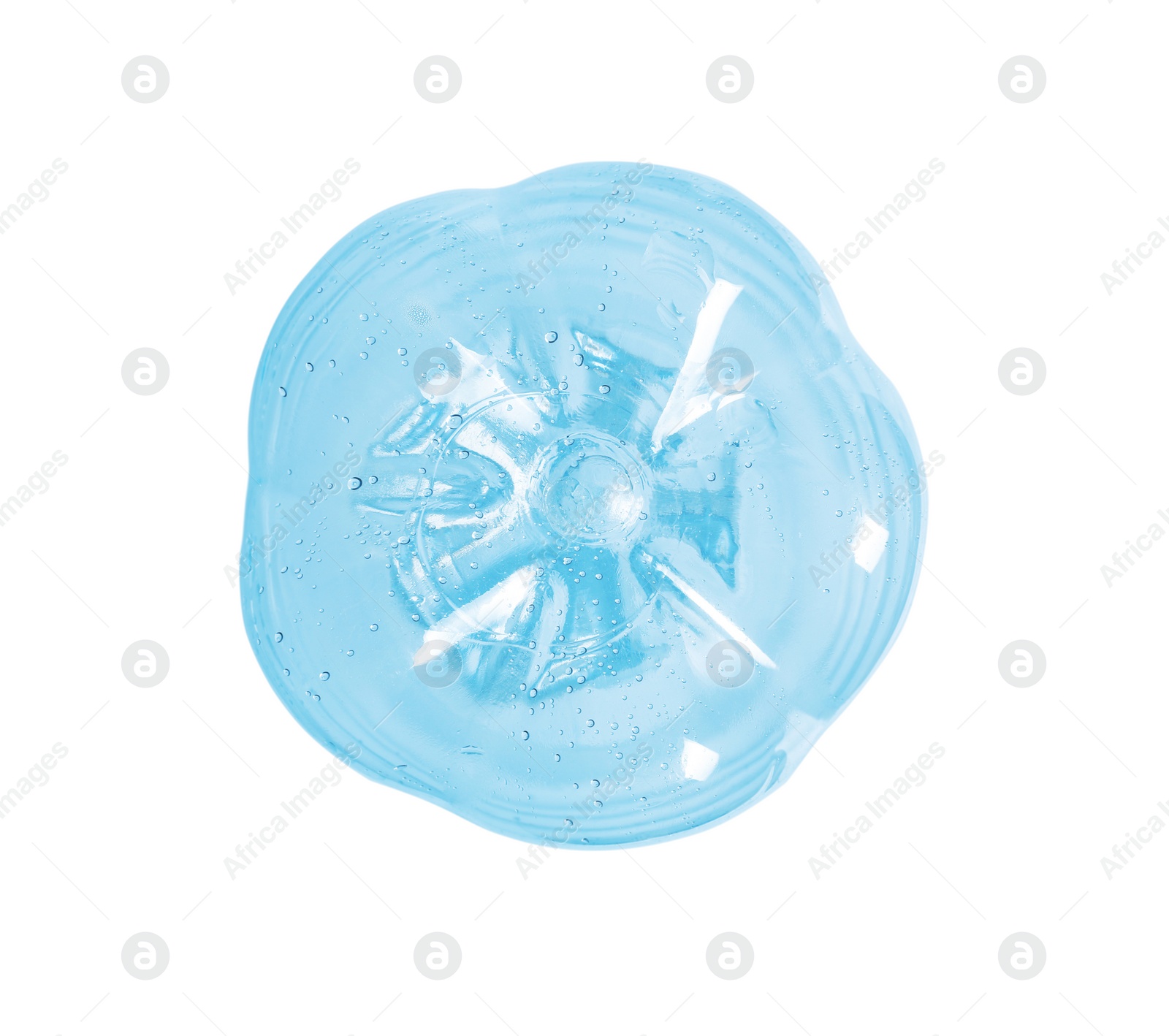 Photo of One plastic bottle on white background, top view. Recycle concept