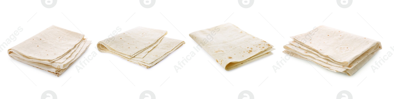 Image of Set with tasty Armenian lavash on white background. Banner design