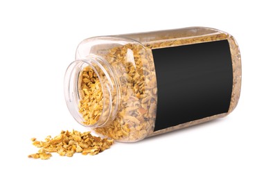 Dried orange zest seasoning in jar isolated on white