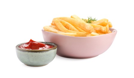 Photo of Bowl of delicious french fries with ketchup on white background