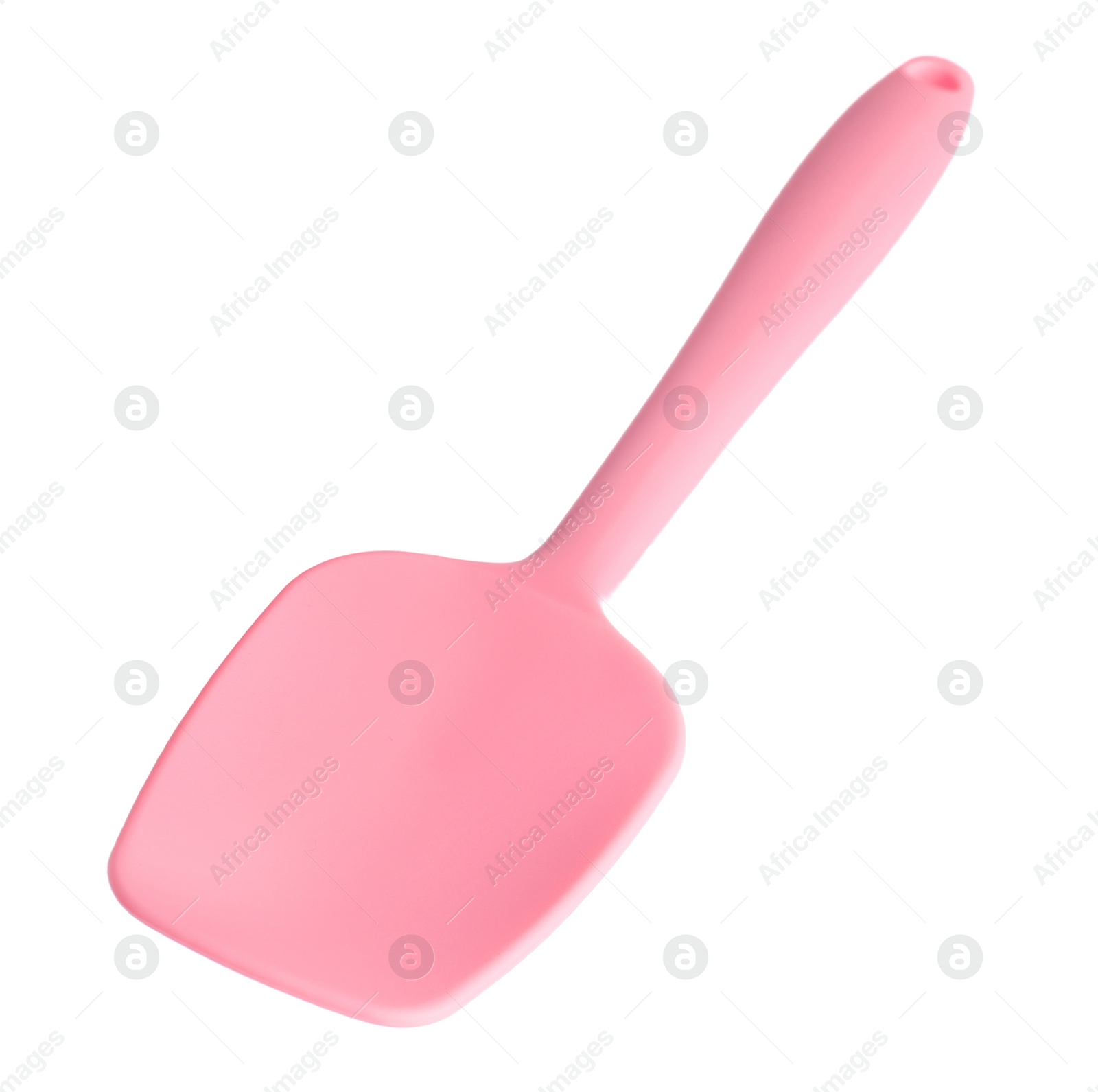 Photo of One pink spatula isolated on white. Kitchen utensil