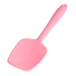 Photo of One pink spatula isolated on white. Kitchen utensil