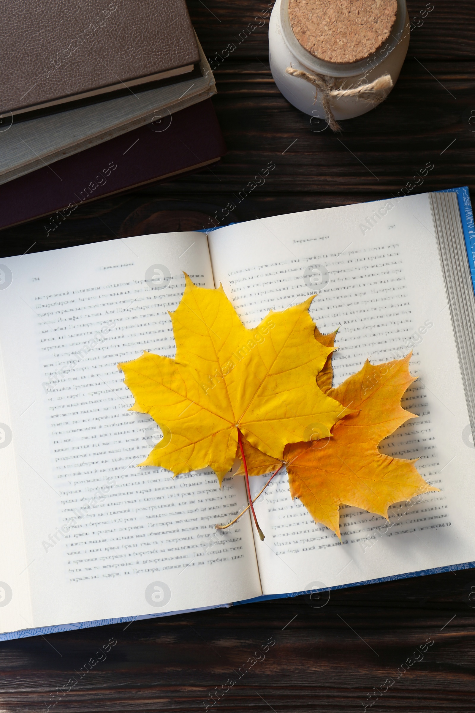 Photo of Book with beautiful leaves as bookmark on wooden table, flat lay