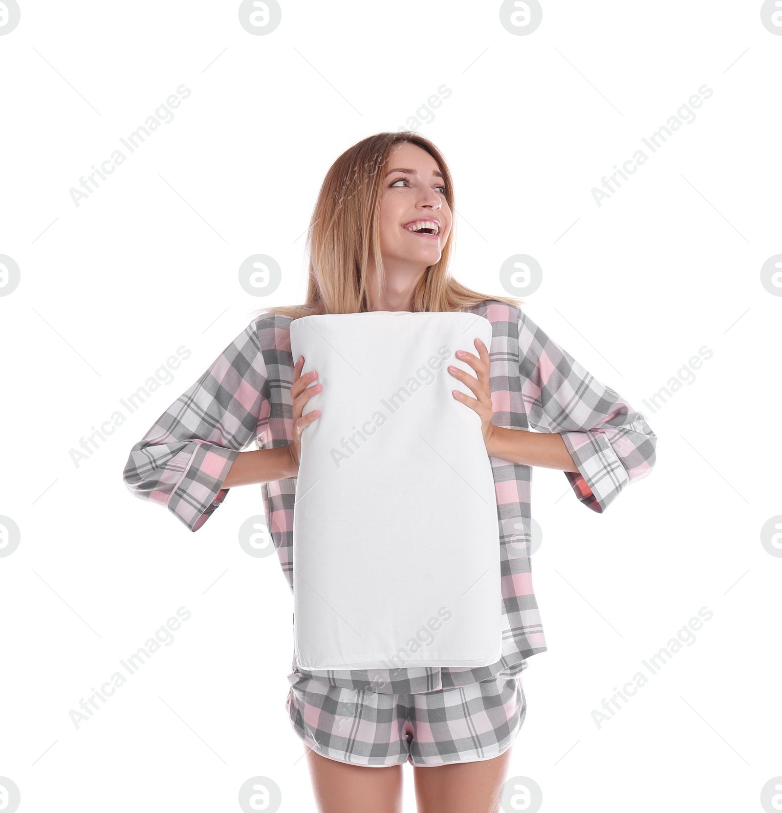 Photo of Happy woman in pajamas with pillow on white background