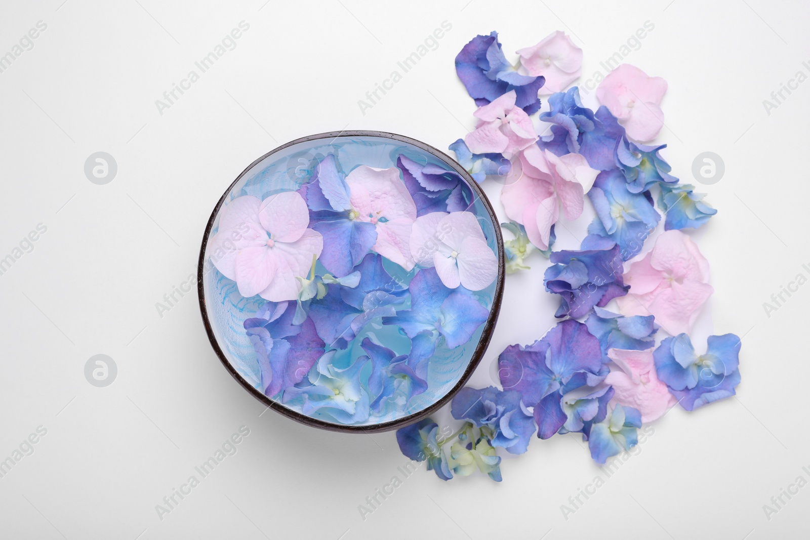 Photo of Spa composition. Aromatic water in bowl and flowers on white background, flat lay