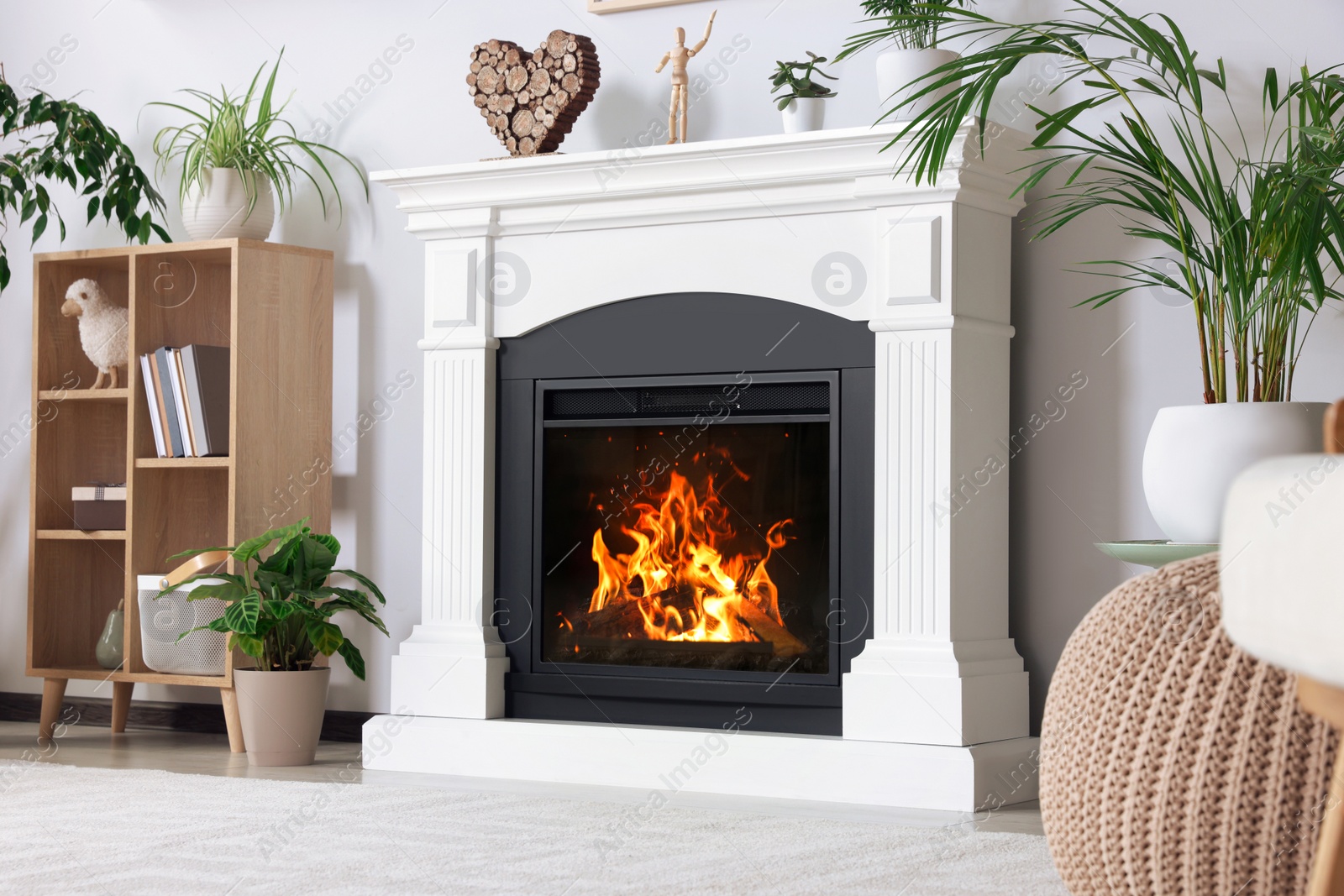 Photo of Stylish living room interior with fireplace, cabinet and houseplants