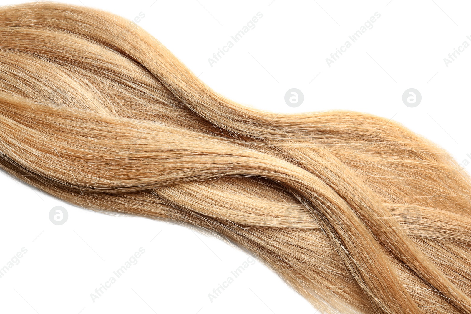 Photo of Locks of healthy blond hair on white background