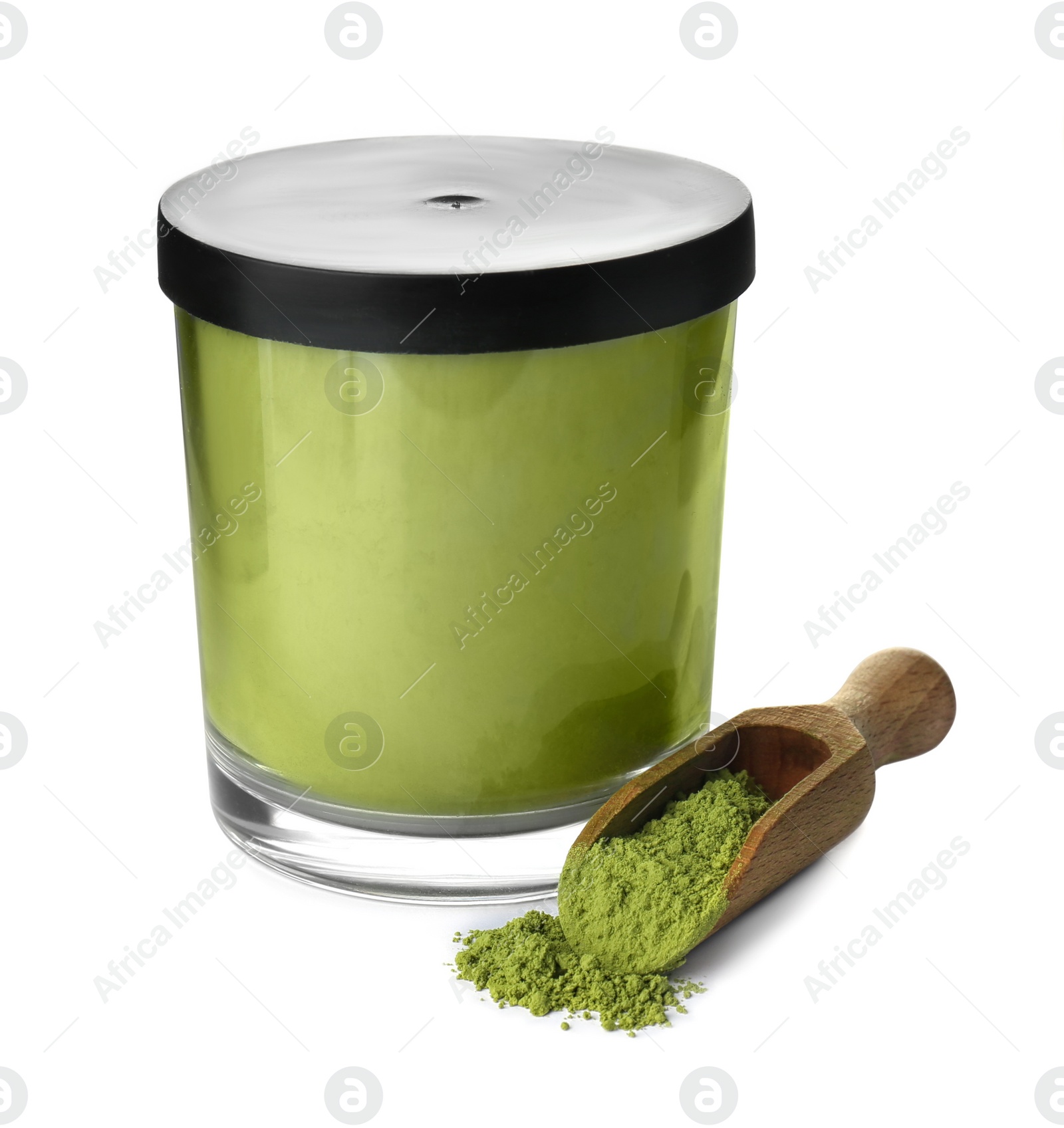 Photo of Jar and scoop with powdered matcha tea on white background
