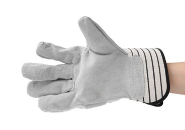 Woman in gardening glove on white background, closeup