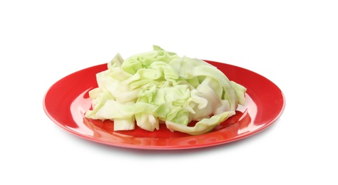 Plate with chopped cabbage on white background. Healthy food