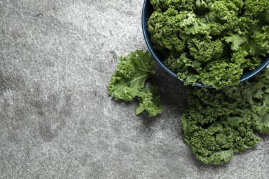 Photo of Fresh kale leaves on grey table, flat lay. Space for text