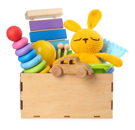 Many different children's toys in crate isolated on white
