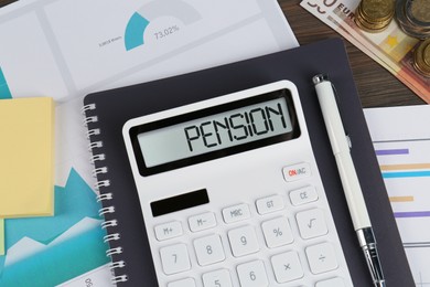 Photo of Calculator, money, papers, pen and notebook on table, flat lay. Pension planning