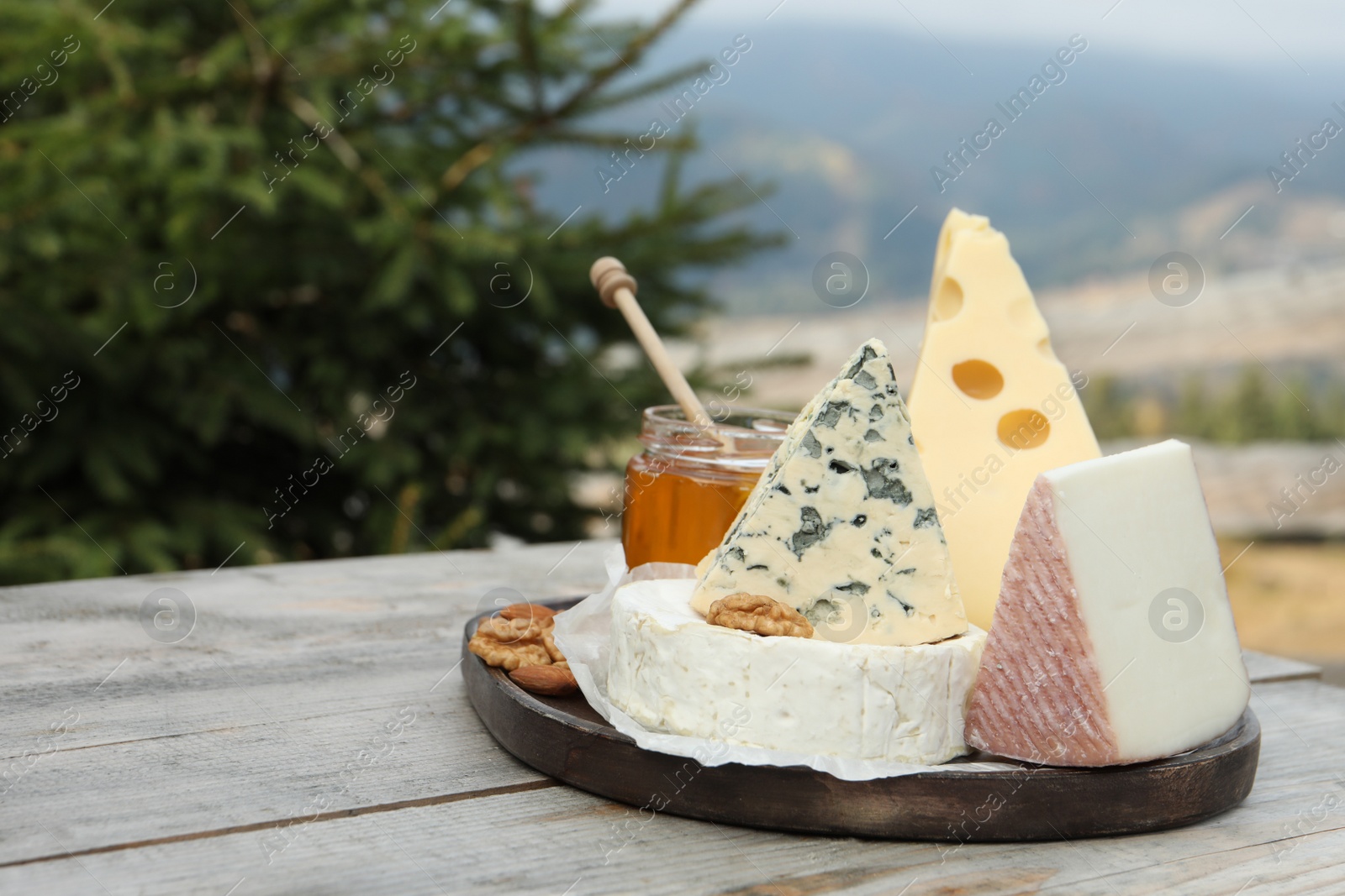 Photo of Different types of delicious cheeses on wooden table against mountain landscape. Space for text