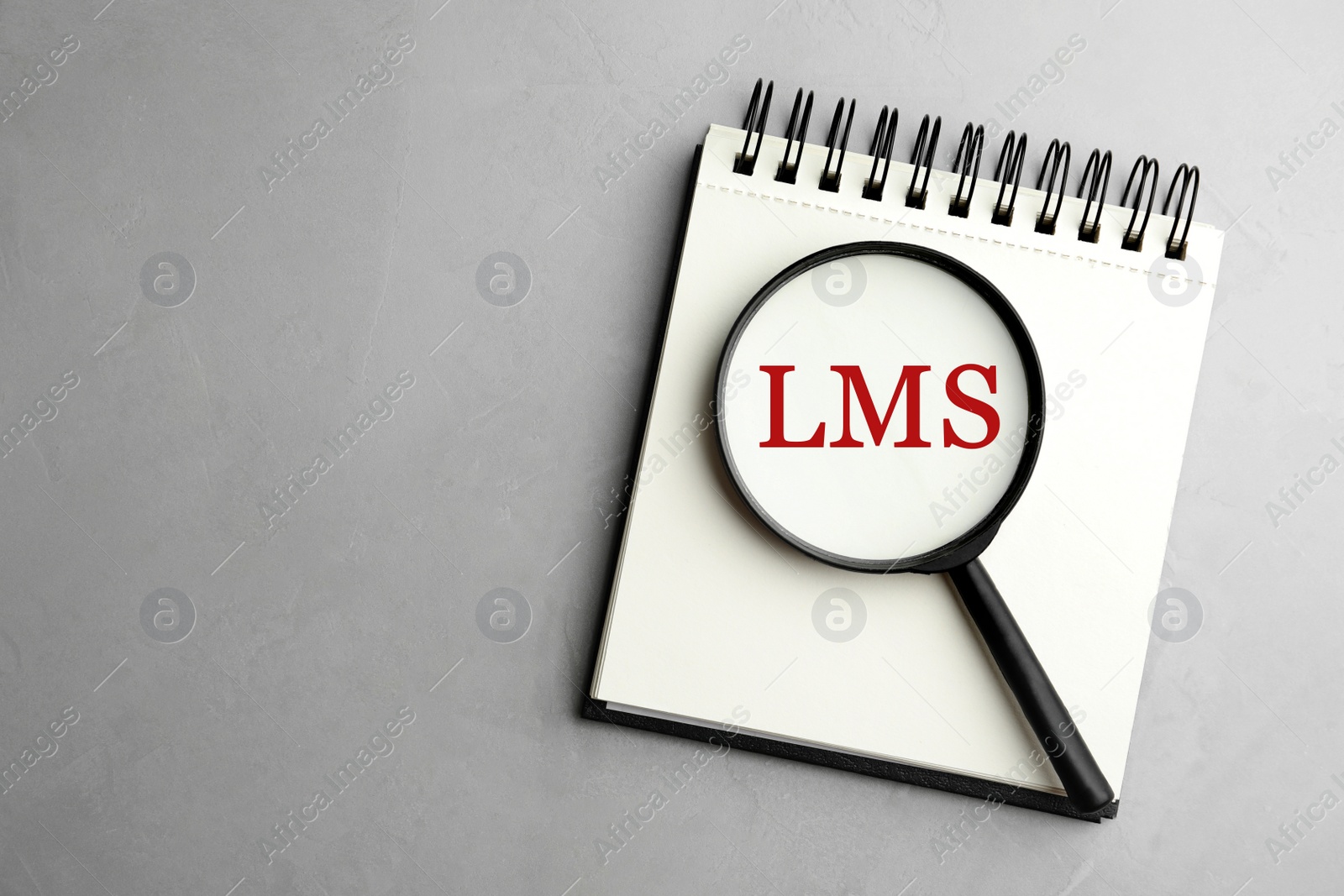 Image of Learning Management System. Notebook with abbreviation LMS and magnifying glass on light background, top view