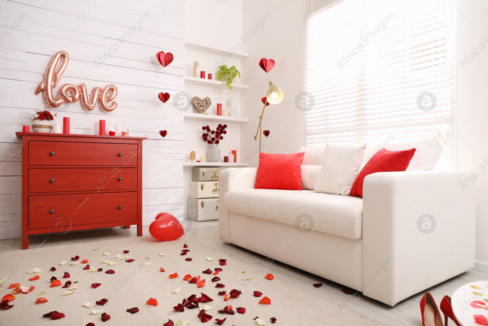 Photo of Cozy living room decorated for Valentine's Day