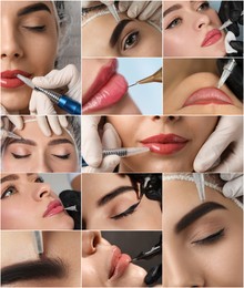 Image of Collage with different photos of women undergoing permanent makeup procedures